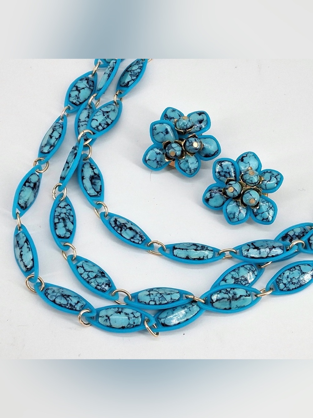 Vintage Hong Kong Blue Marbled Plastic Necklace w/ Clip-On Earrings Set